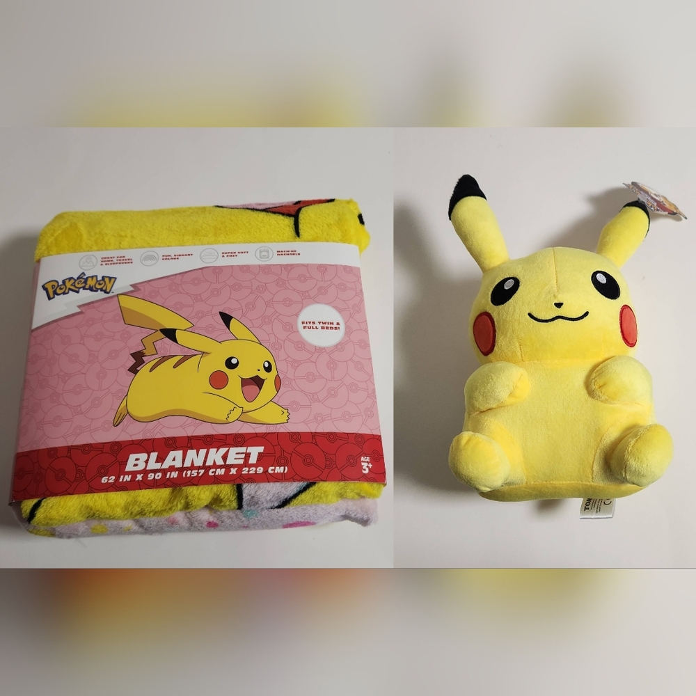 Pikachu Plush Throw Blanket 62" X 90" (Twin or Full) & Pikachu 10" Pokemon Plush